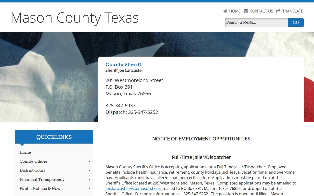 Mason County Sheriff official page used as the jail booking and custody contact fallback